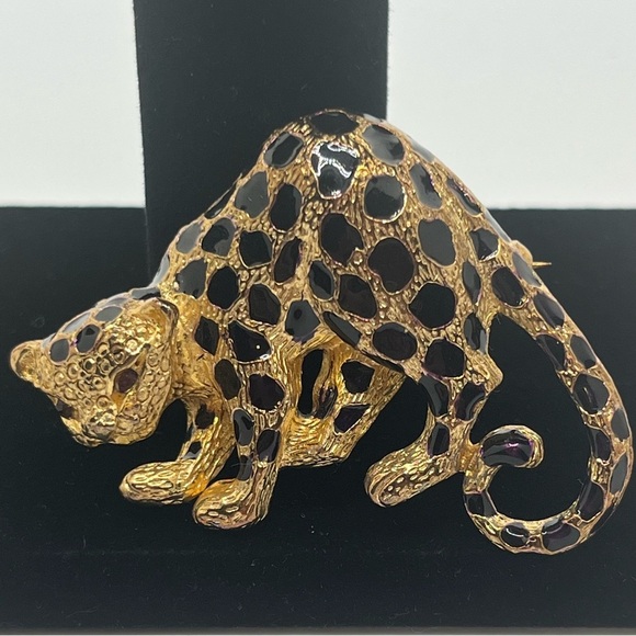 Vintage Park Lane Enamel Leopard Brooch/Pendant Rhinestone Eyes cheetah leopard - Picture 1 of 12